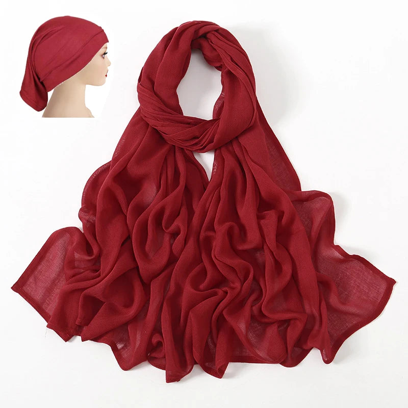 2 Pcs Set Viscose Hijab Matching Color Jersey Cap Plain Cotton Modal Muslim Women Scarf Soft Shawl Turbante Femenino