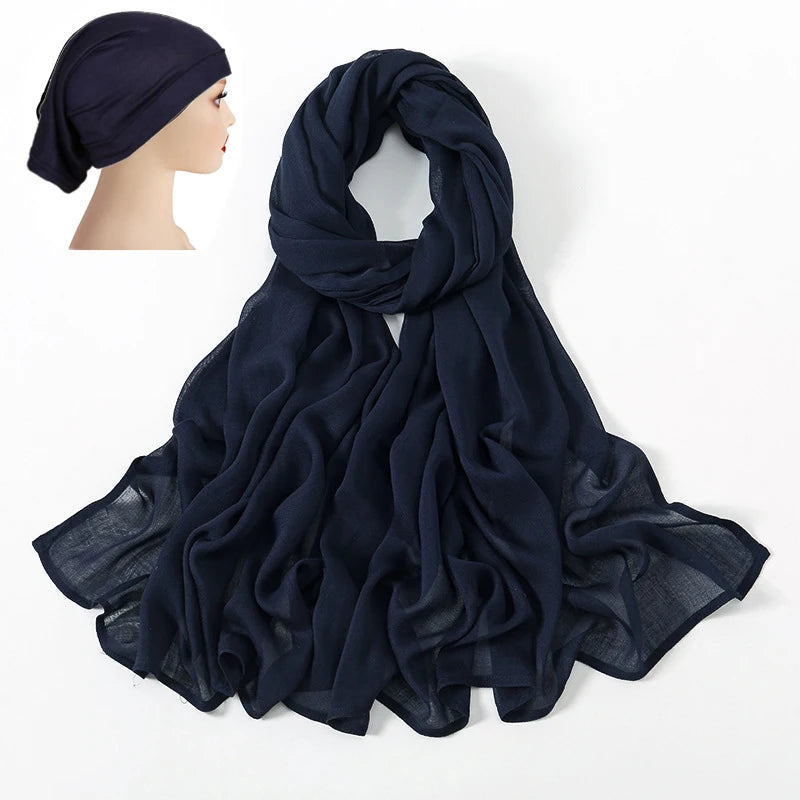2 Pcs Set Viscose Hijab Matching Color Jersey Cap Plain Cotton Modal Muslim Women Scarf Soft Shawl Turbante Femenino
