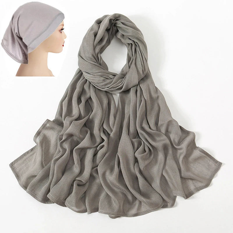 2 Pcs Set Viscose Hijab Matching Color Jersey Cap Plain Cotton Modal Muslim Women Scarf Soft Shawl Turbante Femenino