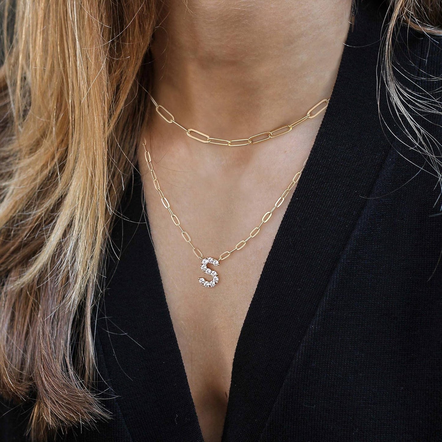 Gold Layered Initial Necklace for Women, 14K Gold Plated Letter Pendant Necklace Cubic Zirconia Gold Layered Initial Choker Necklaces for Women Gold Jewelry K
