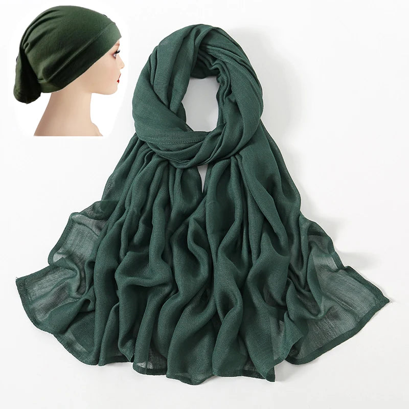 2 Pcs Set Viscose Hijab Matching Color Jersey Cap Plain Cotton Modal Muslim Women Scarf Soft Shawl Turbante Femenino