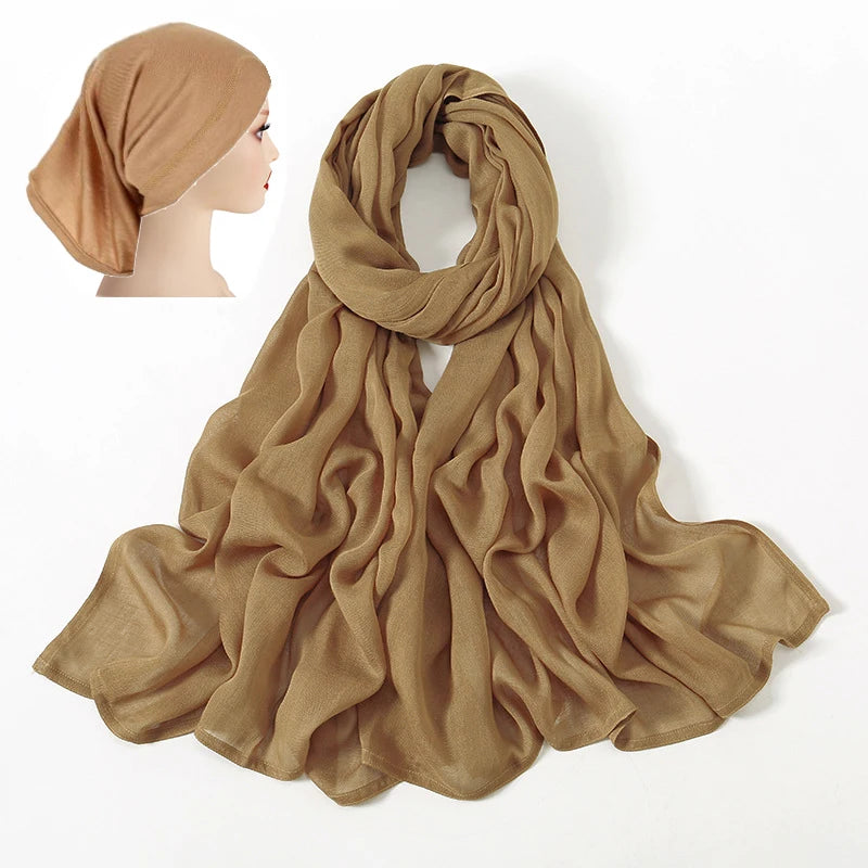 2 Pcs Set Viscose Hijab Matching Color Jersey Cap Plain Cotton Modal Muslim Women Scarf Soft Shawl Turbante Femenino