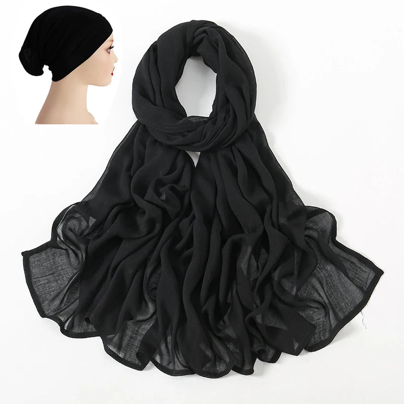 2 Pcs Set Viscose Hijab Matching Color Jersey Cap Plain Cotton Modal Muslim Women Scarf Soft Shawl Turbante Femenino