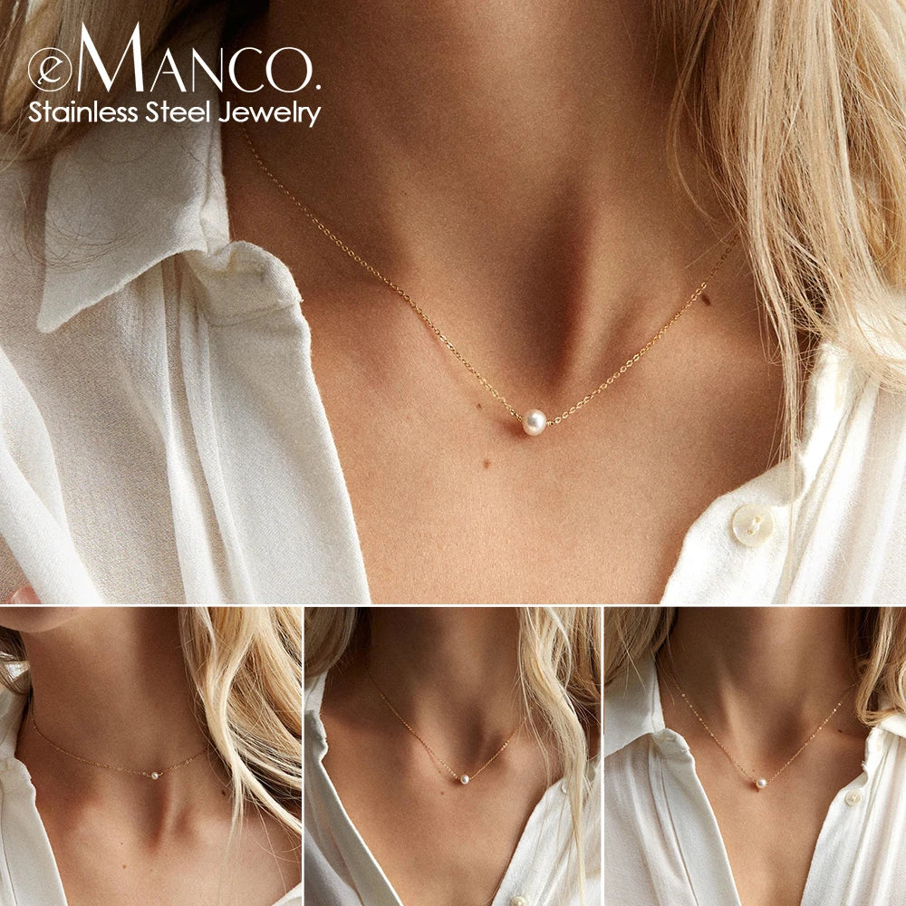 Stainless Steel Choker Imitated Pearl Necklaces for Women Gold Color Layered Chain Necklace Jewelry