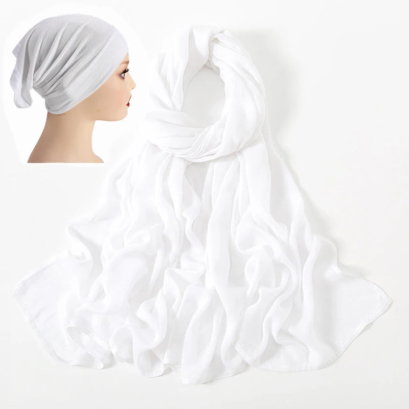 2 Pcs Set Viscose Hijab Matching Color Jersey Cap Plain Cotton Modal Muslim Women Scarf Soft Shawl Turbante Femenino