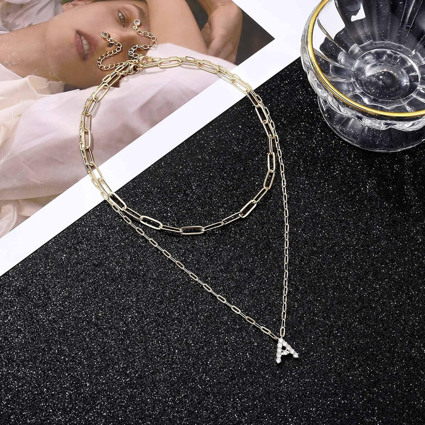 Gold Layered Initial Necklace for Women, 14K Gold Plated Letter Pendant Necklace Cubic Zirconia Gold Layered Initial Choker Necklaces for Women Gold Jewelry K
