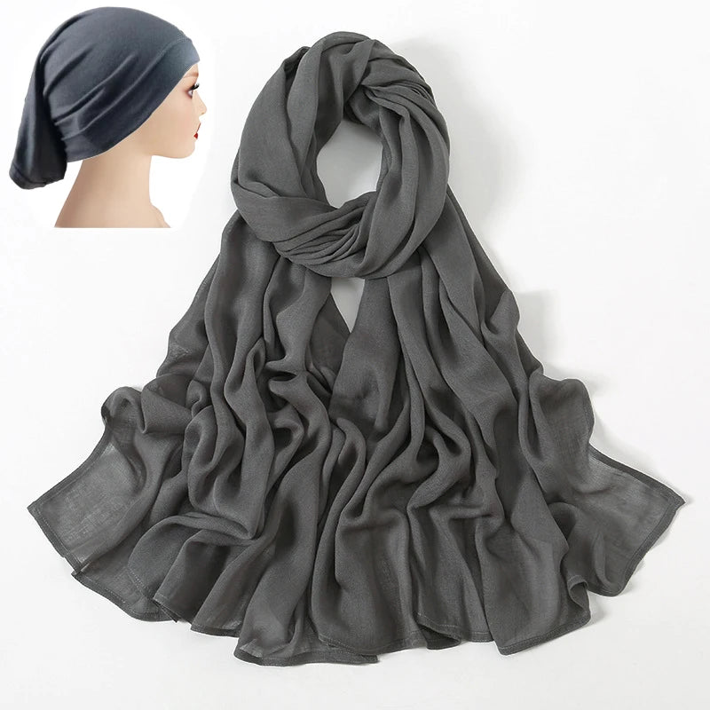 2 Pcs Set Viscose Hijab Matching Color Jersey Cap Plain Cotton Modal Muslim Women Scarf Soft Shawl Turbante Femenino