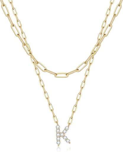 Gold Layered Initial Necklace for Women, 14K Gold Plated Letter Pendant Necklace Cubic Zirconia Gold Layered Initial Choker Necklaces for Women Gold Jewelry K
