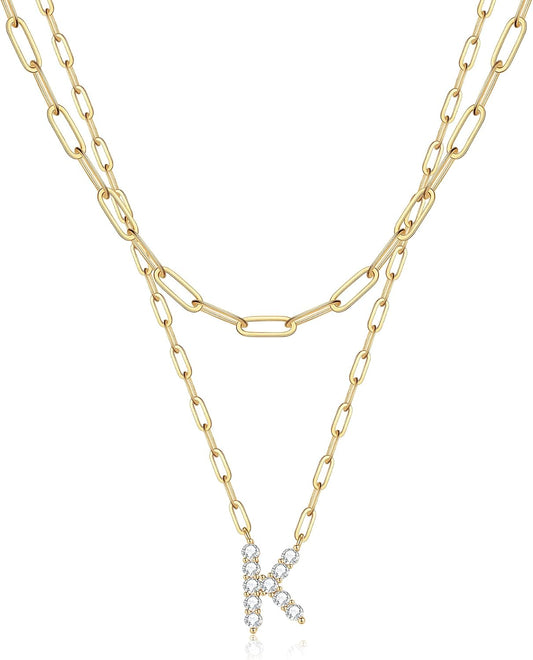 Gold Layered Initial Necklace for Women, 14K Gold Plated Letter Pendant Necklace Cubic Zirconia Gold Layered Initial Choker Necklaces for Women Gold Jewelry K