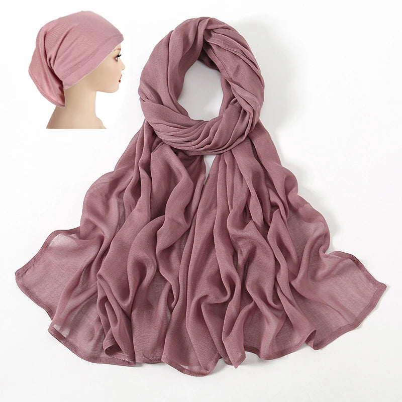 2 Pcs Set Viscose Hijab Matching Color Jersey Cap Plain Cotton Modal Muslim Women Scarf Soft Shawl Turbante Femenino