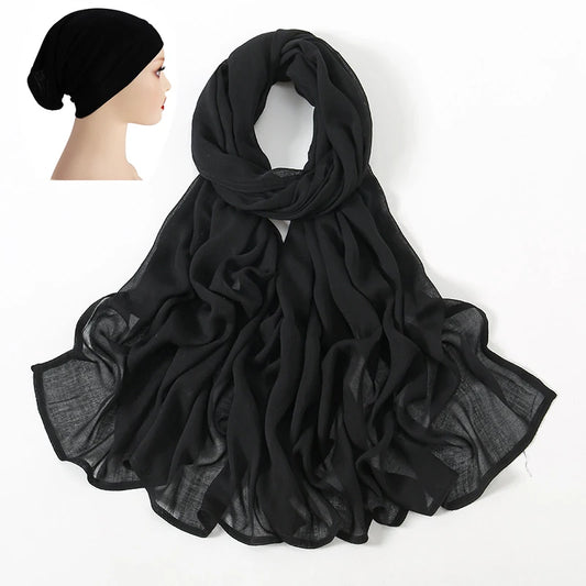 2 Pcs Set Viscose Hijab Matching Color Jersey Cap Plain Cotton Modal Muslim Women Scarf Soft Shawl Turbante Femenino
