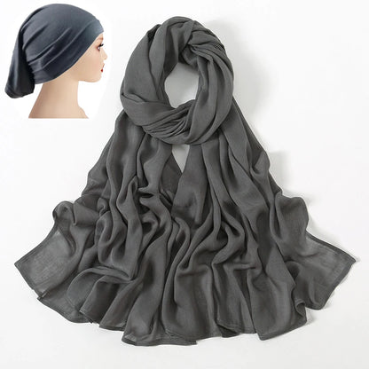 2 Pcs Set Viscose Hijab Matching Color Jersey Cap Plain Cotton Modal Muslim Women Scarf Soft Shawl Turbante Femenino